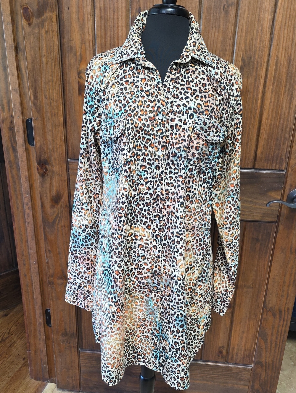 A Rare Bird Leopard Print Shirt Dress in Beige, Brown, And Blue - M/L